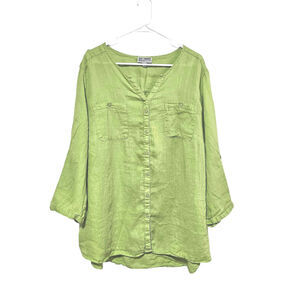 HM Collection 100% Linen Blouse Pockets Green V-Neck Flowy Women's Size 24W